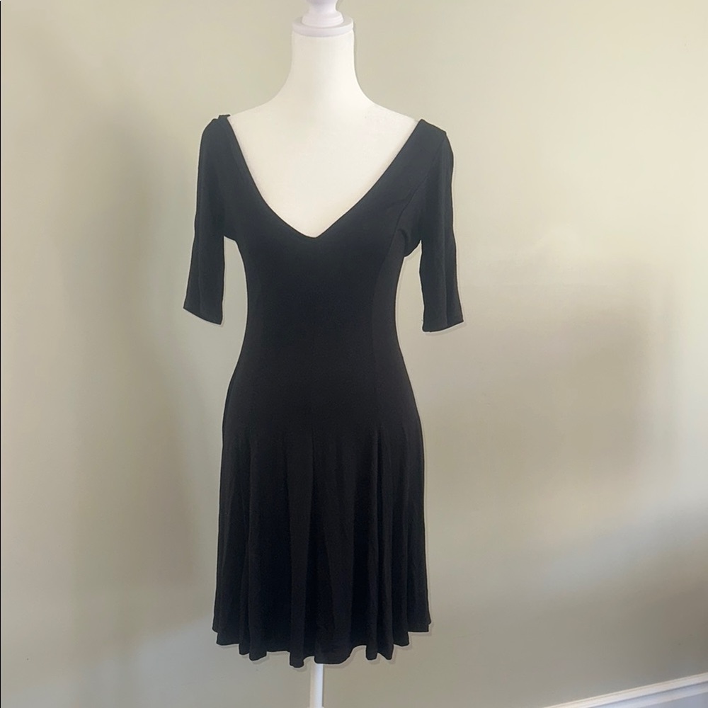 Soprano Black Fit and Flare Midi Dress V-Neck 3/4 Sleeve